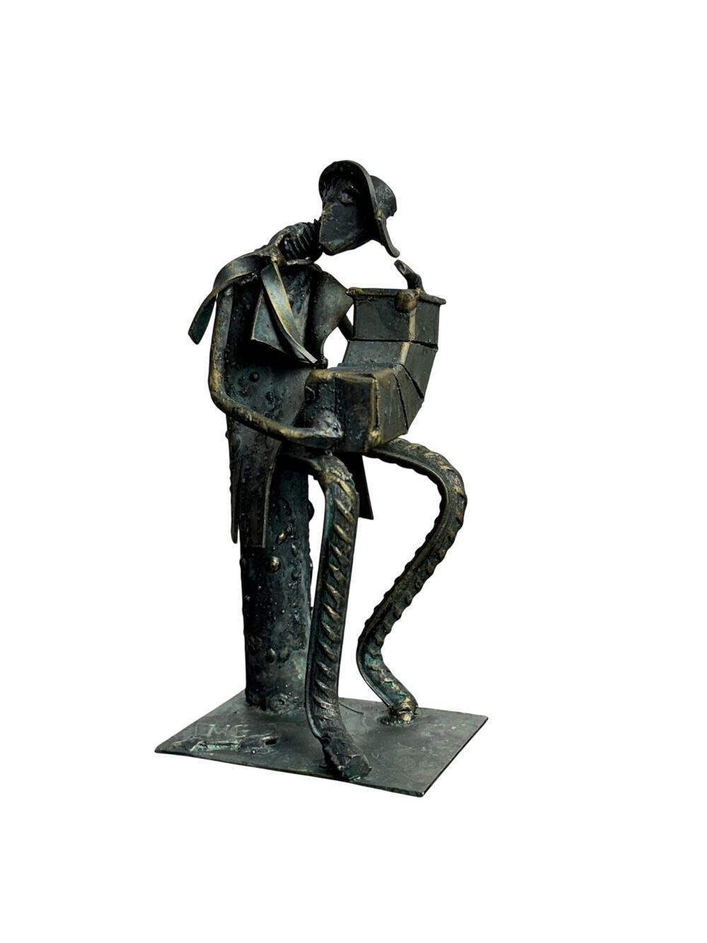 Original Artist Signed MCM 70's M. Grum Brass Bronze Figure Playing Accordion